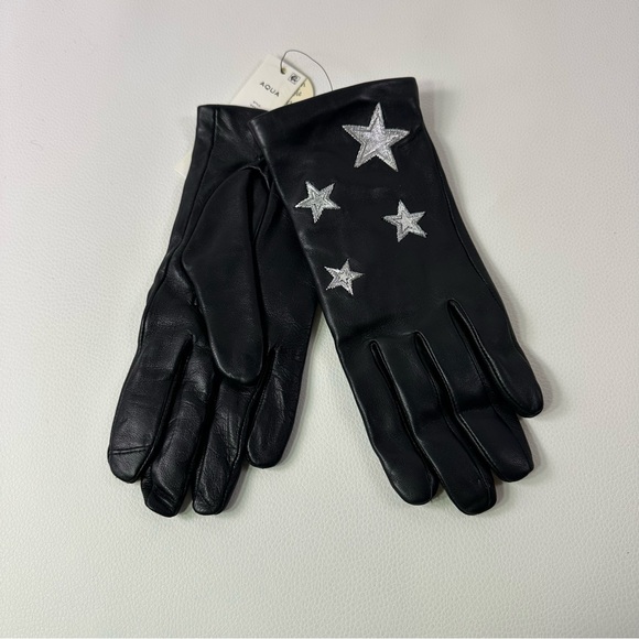 NEW Aqua Womens Metallic Silver Star Black Leather Tech Gloves Black SZ Small - Picture 1 of 3